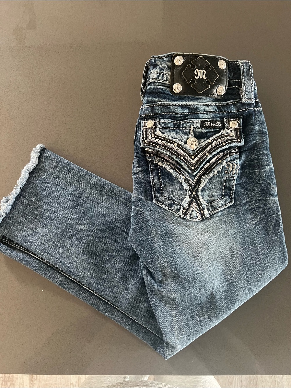 B-8-17 Miss Me Distressed Embellished Crop Jeans - Blue Wash